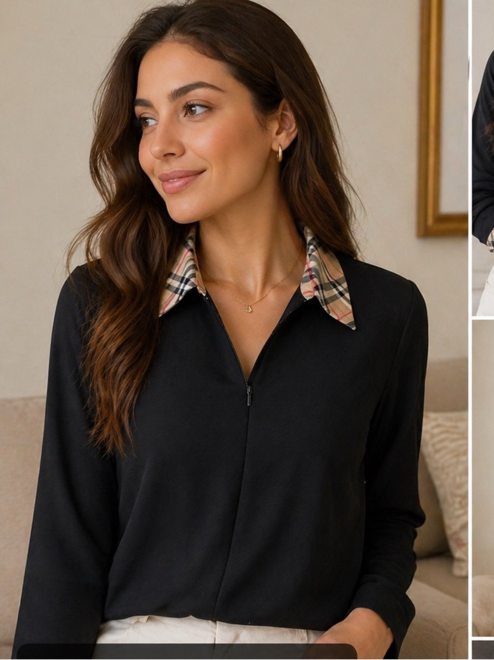 Black Plaid Collar Blouse - Long Sleeve Zip Front